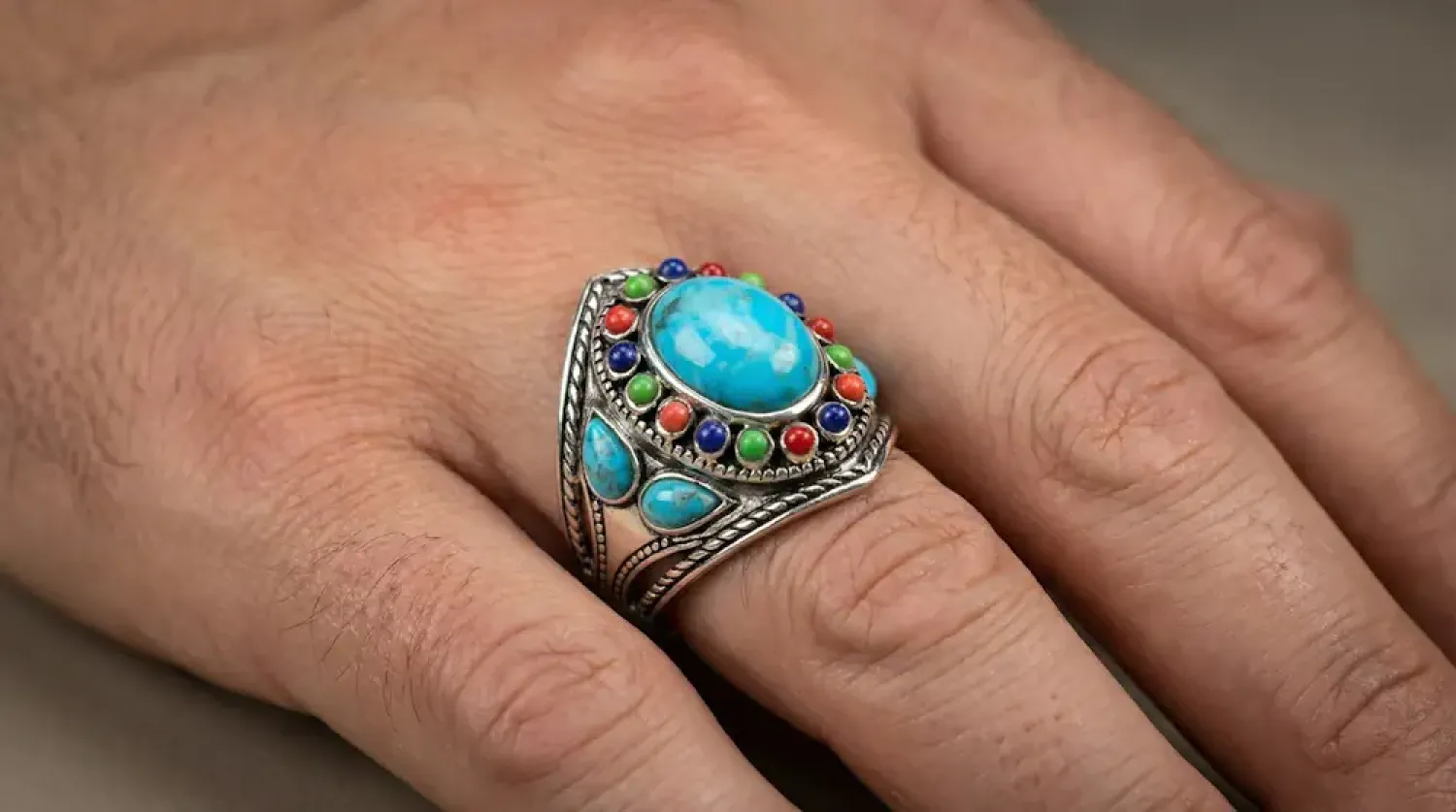 Preview: Ring Crazy Horse 925 Sterling Silber mit Türkis, Koralle, Lapislazuli Steine